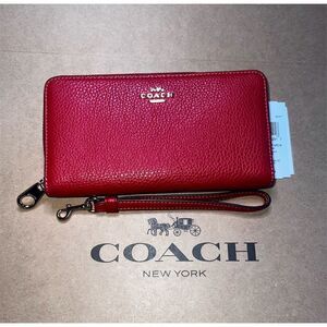 COACH Long Zip-Around Wallet C4451 Red Pebble Leather with Gold Hardware NWT